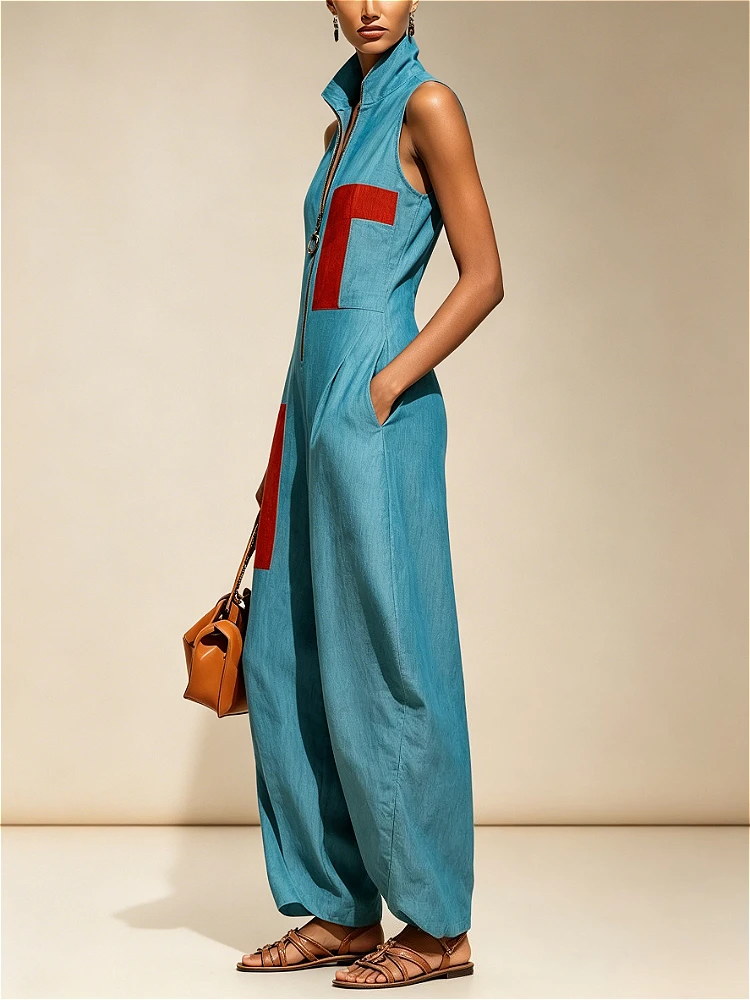 Women Contrast Color Lapel Jumpsuit Sleeveless Zipper Closure Wide Leg Loose Fit Pocketed Casual Summer Outfits Women's Jumpsuit
Women Contrast Color Lapel Jumpsuit Sleeveless Zipper Closure Wide Leg Loose Fit Pocketed Casual Summer Outfits Women's Jumpsuit