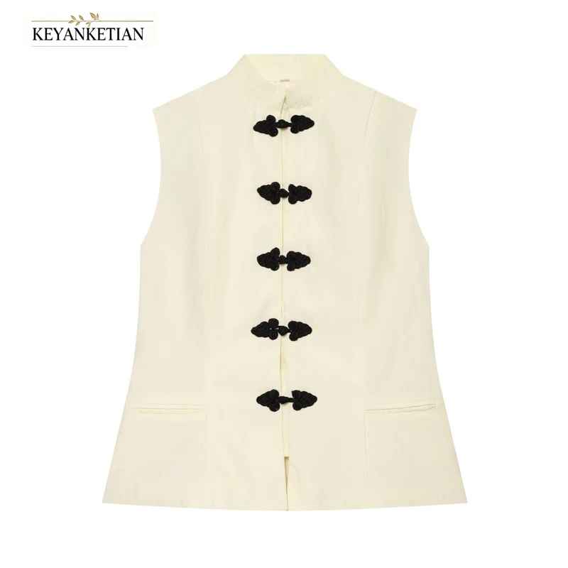 KEYANKETIAN Vintage Oriental Sleeveless Gilet Mandarin Collar Front Butterfly Knot Buttons Two Side Patch Pockets Casual Top
KEYANKETIAN Vintage Oriental Sleeveless Gilet Mandarin Collar Front Butterfly Knot Buttons Two Side Patch Pockets Casual Top