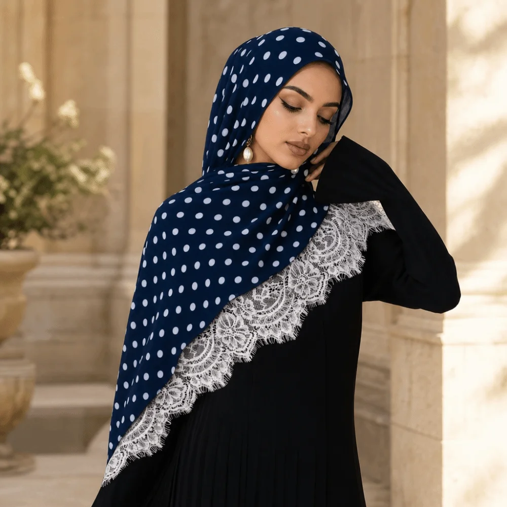 Fashion Lace Turban Head Scarf Polka Dot Print Double Sided Muslim Hijab Scarf Breathable Modal Long Turban Scarf Women Ramadan
Fashion Lace Turban Head Scarf Polka Dot Print Double Sided Muslim Hijab Scarf Breathable Modal Long Turban Scarf Women Ramadan