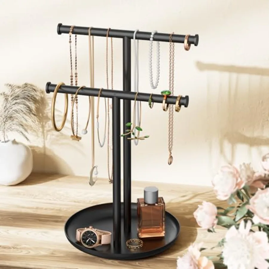Necklace Rack Stand with Storage Tray - 2 Rods T-Shaped Jewelry Holder Stand for Bracelets, Earrings, Rings Elegant Vanity and
Necklace Rack Stand with Storage Tray - 2 Rods T-Shaped Jewelry Holder Stand for Bracelets, Earrings, Rings Elegant Vanity and