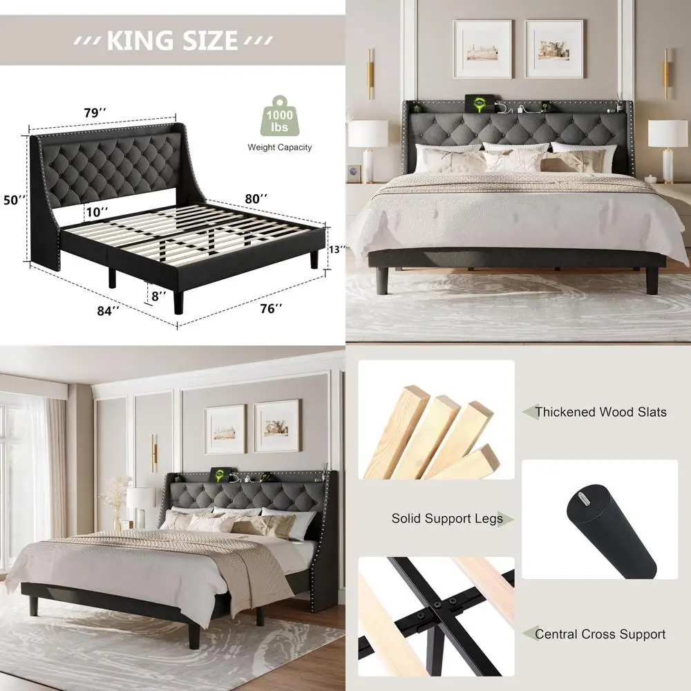 Роскошная кровать King-size с изголовьем Wingback, обивкой на пуговицах, местом для хранения, деревянными ламелями, простая сборка, серая
Роскошная кровать King-size с изголовьем Wingback, обивкой на пуговицах, местом для хранения, деревянными ламелями, простая сборка, серая