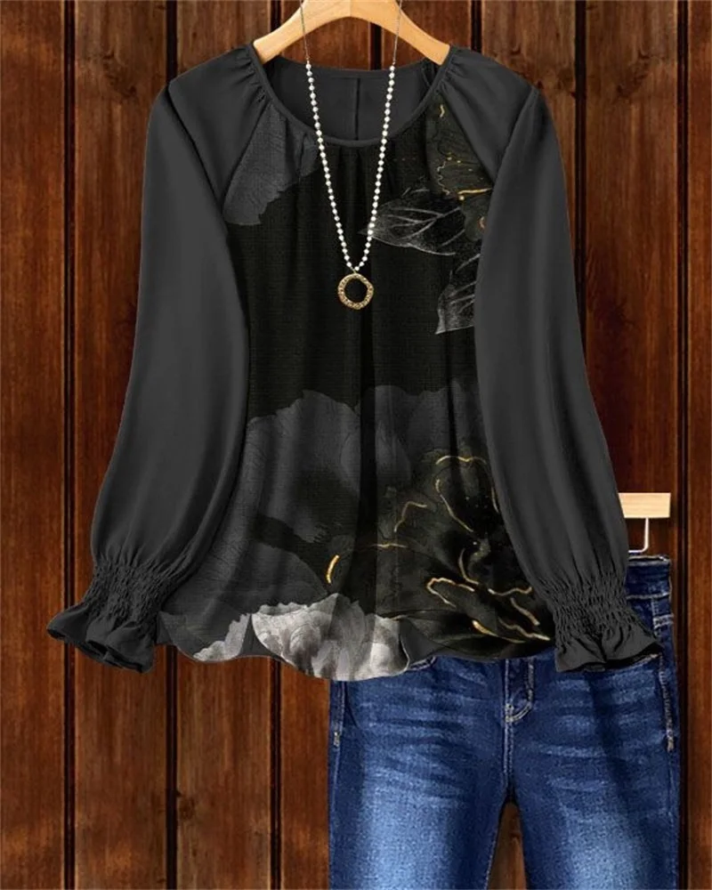 Fashion autumn and winter women's ruffled cuff top 3D printed floral pattern women's casual loose and comfortable round neck top
Fashion autumn and winter women's ruffled cuff top 3D printed floral pattern women's casual loose and comfortable round neck top