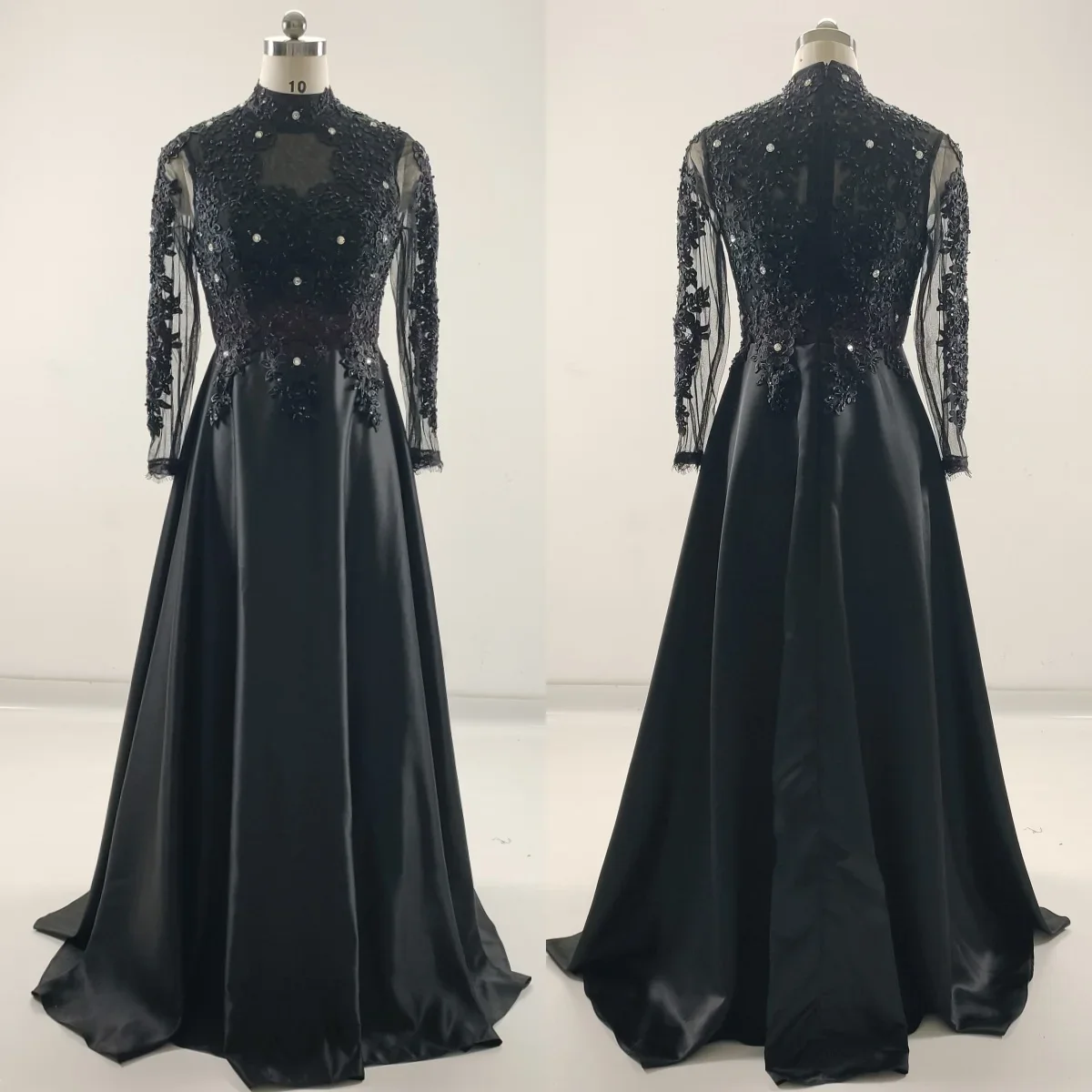 Real Photo Eveing Dress Black Satin Lace Beads High Collar Full Sleeve Zipper Back A-line Floor Length Plus size Lady Party Gown
Real Photo Eveing Dress Black Satin Lace Beads High Collar Full Sleeve Zipper Back A-line Floor Length Plus size Lady Party Gown