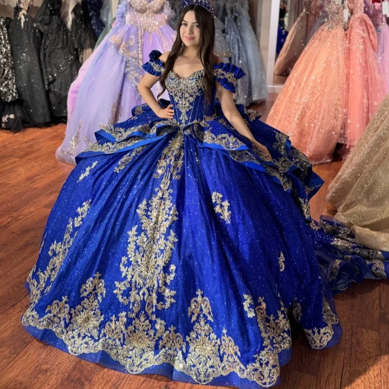 Shiny Royal Blue Quinceanera Dress off-shoulder Glitter Crystal Decal Layering Long tail Bow vestidos de 15 Quinceanera Customi
Shiny Royal Blue Quinceanera Dress off-shoulder Glitter Crystal Decal Layering Long tail Bow vestidos de 15 Quinceanera Customi