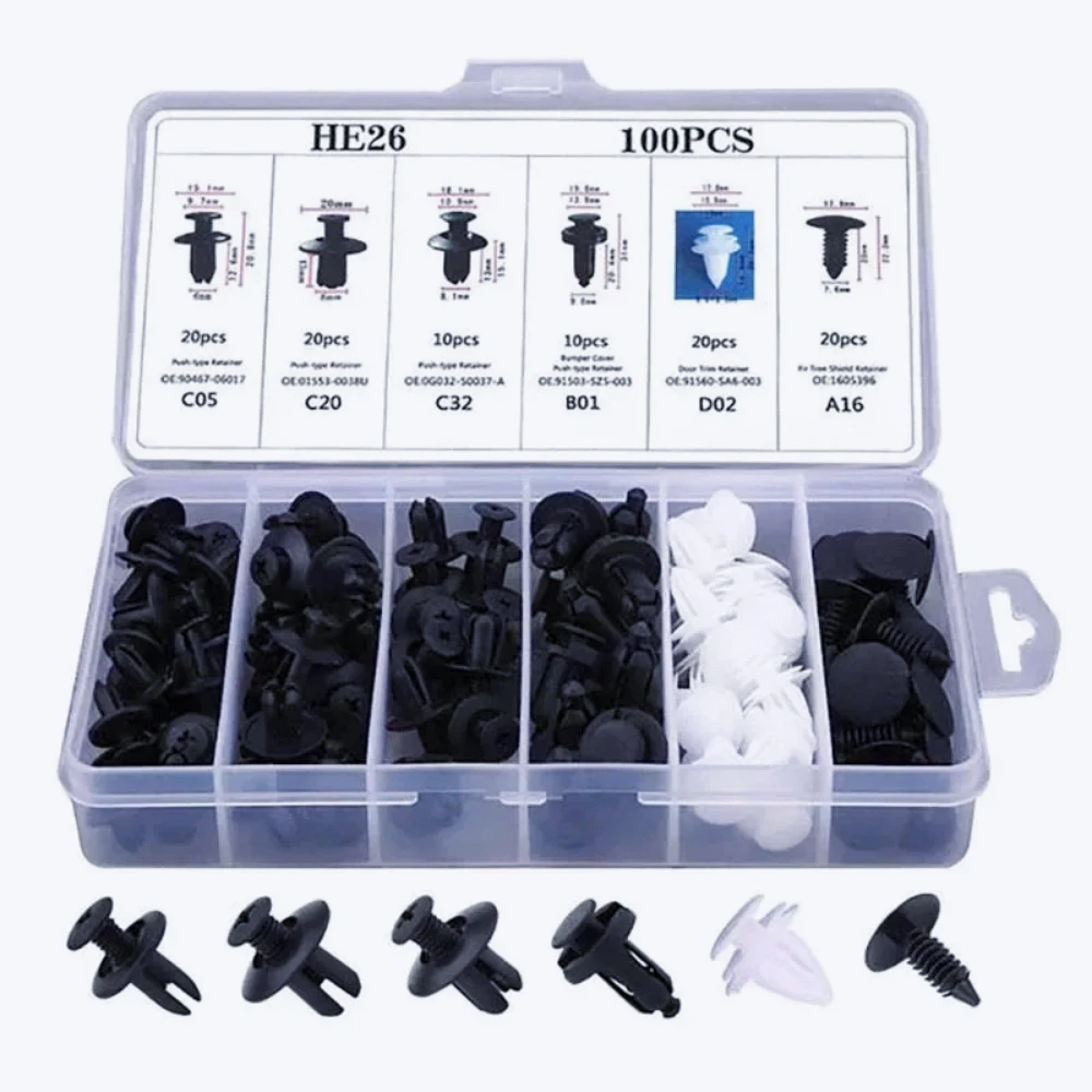 ZZ-100pcs Mixed Auto Fastener Clip Car Body Push Retainer Pin Rivet Bumper Door Trim Panel Retainer Fastener Kit Car Accessories
ZZ-100pcs Mixed Auto Fastener Clip Car Body Push Retainer Pin Rivet Bumper Door Trim Panel Retainer Fastener Kit Car Accessories