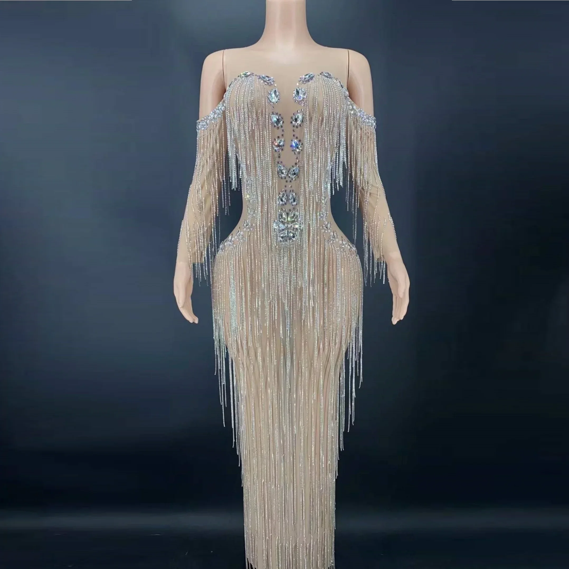Crystals Chains Evening Celebrate Costume Singer Performance Costumes Silver Rhinestones Fringes Nude Transparent Dress
Crystals Chains Evening Celebrate Costume Singer Performance Costumes Silver Rhinestones Fringes Nude Transparent Dress