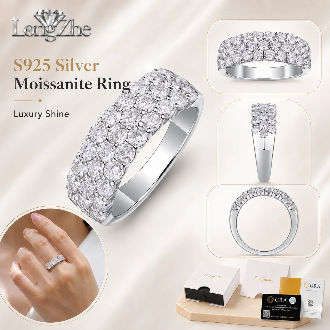 LongZhe 1.8CT Pave Moissanite Band Ring, 31-Stone Wide S925 Silver Wedding Band, GRA Certified Fine Jewelry
LongZhe 1.8CT Pave Moissanite Band Ring, 31-Stone Wide S925 Silver Wedding Band, GRA Certified Fine Jewelry