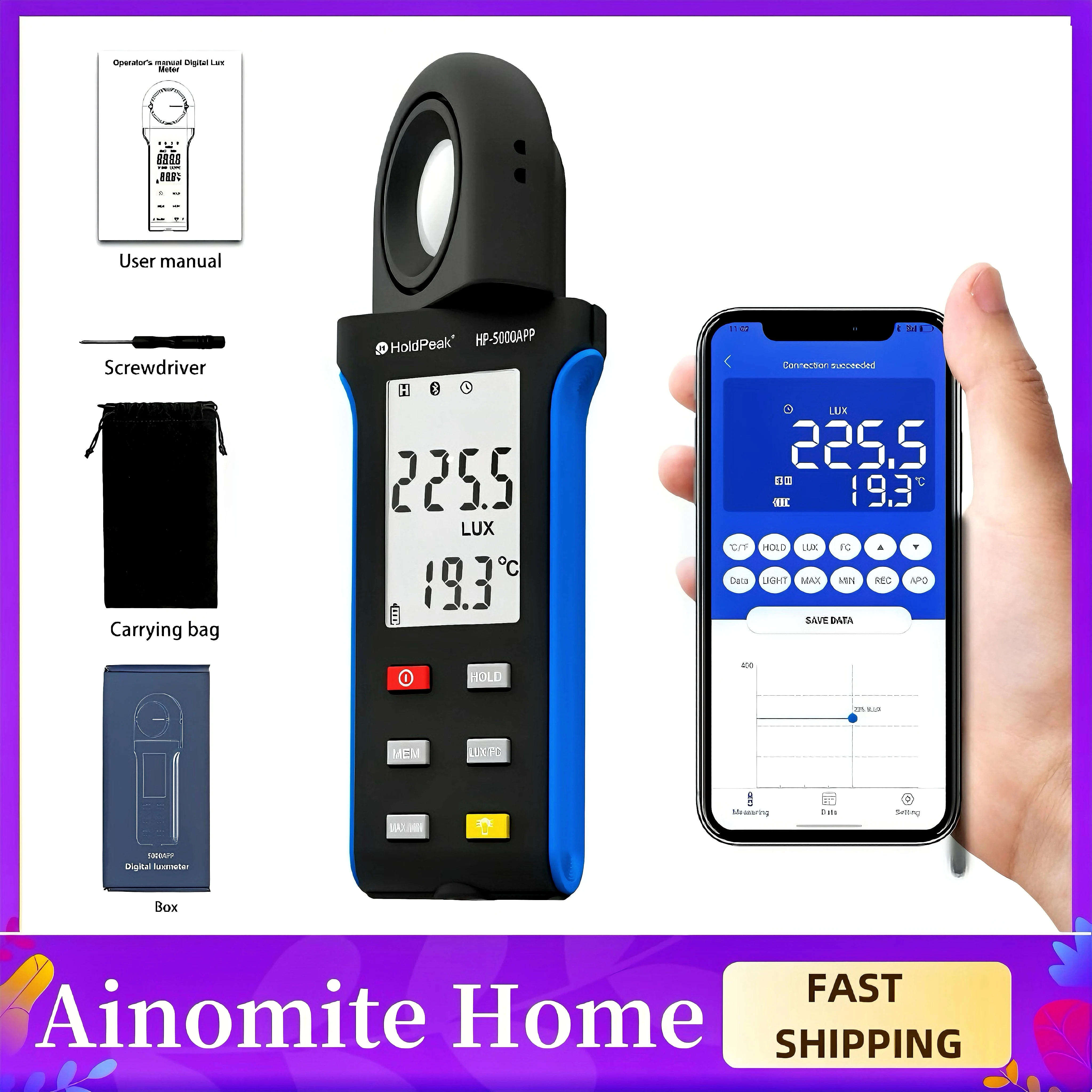 Bluetooth Illuminance Light Meter - 0.1-400,000 Lux, 270° Rotating Sensor, Ideal for Plants, Car Headlights, Home & Office LED
Bluetooth Illuminance Light Meter - 0.1-400,000 Lux, 270° Rotating Sensor, Ideal for Plants, Car Headlights, Home & Office LED
