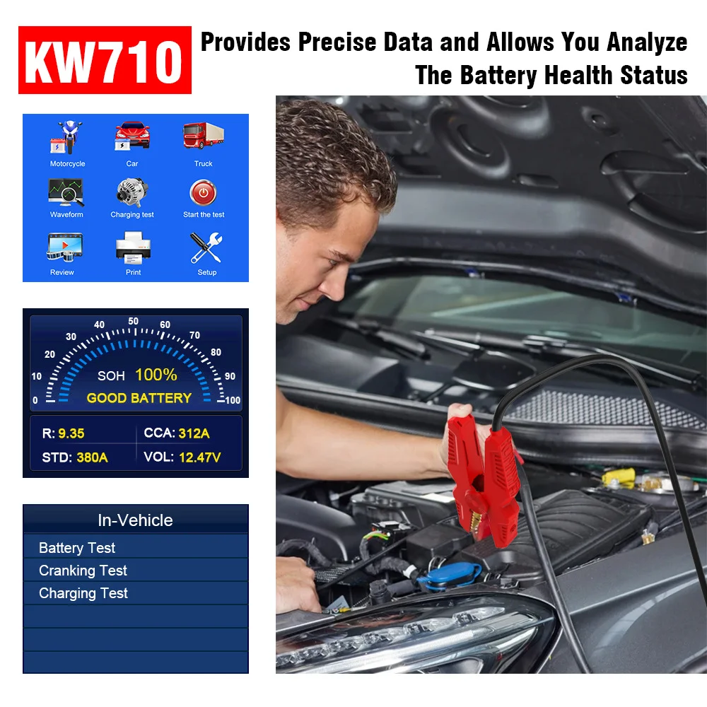 KW710 Motorcycle Car Truck Battery Tester 6V 12V 24V Battery Analyzer 2000 CCA Charging Cranking Test Tools for the Car
KW710 Motorcycle Car Truck Battery Tester 6V 12V 24V Battery Analyzer 2000 CCA Charging Cranking Test Tools for the Car