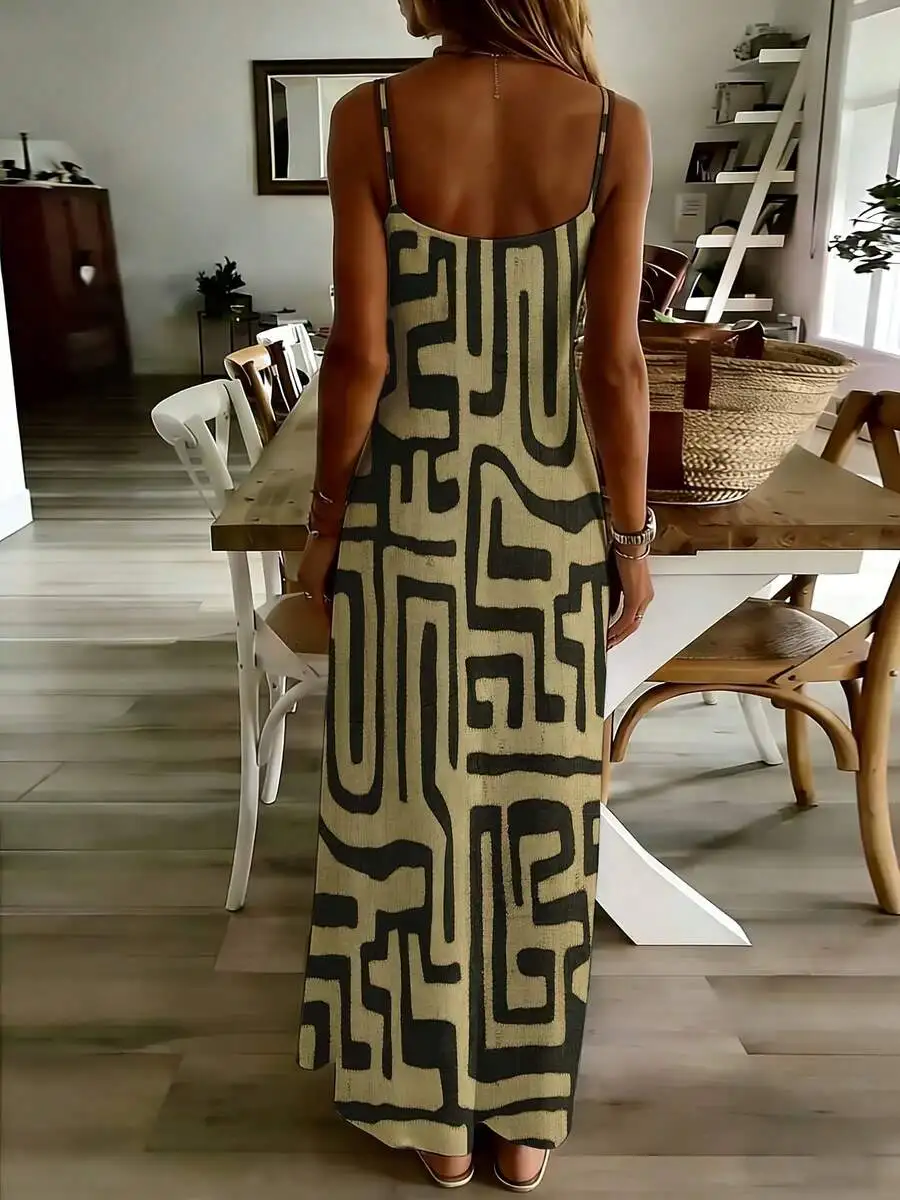 Geometric Print Sleeveless Maxi Dress Deep V Neck Adjustable Straps Boho Casual Long Dress For Women
Geometric Print Sleeveless Maxi Dress Deep V Neck Adjustable Straps Boho Casual Long Dress For Women