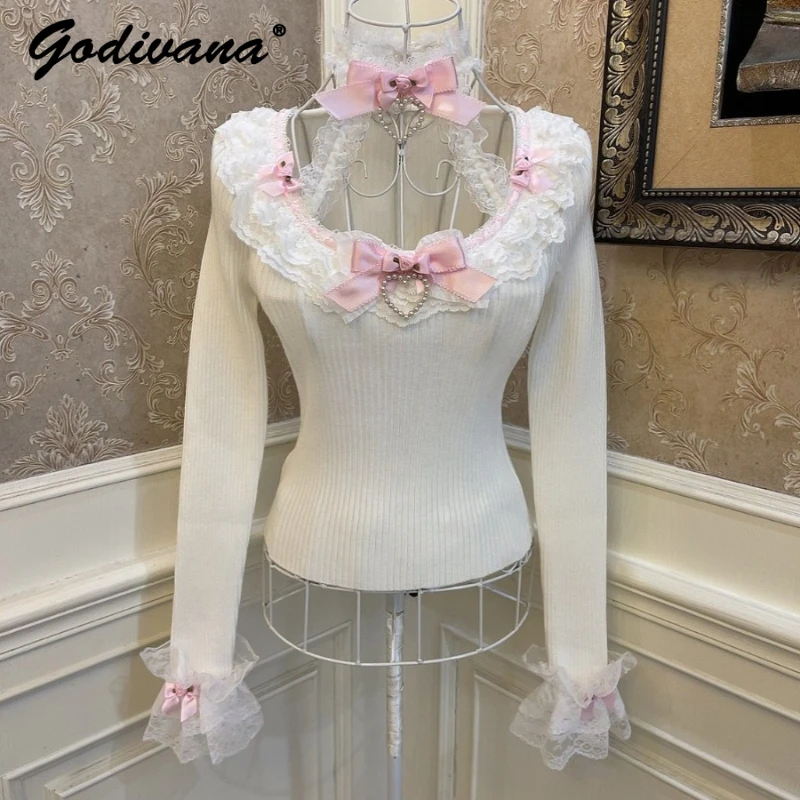 Princess Bow Love Rose Flower Lace Edge Bell Sleeve Slim-Fit Halter Knitted Top Ladies Sweet White Pullover Sweaters
Princess Bow Love Rose Flower Lace Edge Bell Sleeve Slim-Fit Halter Knitted Top Ladies Sweet White Pullover Sweaters