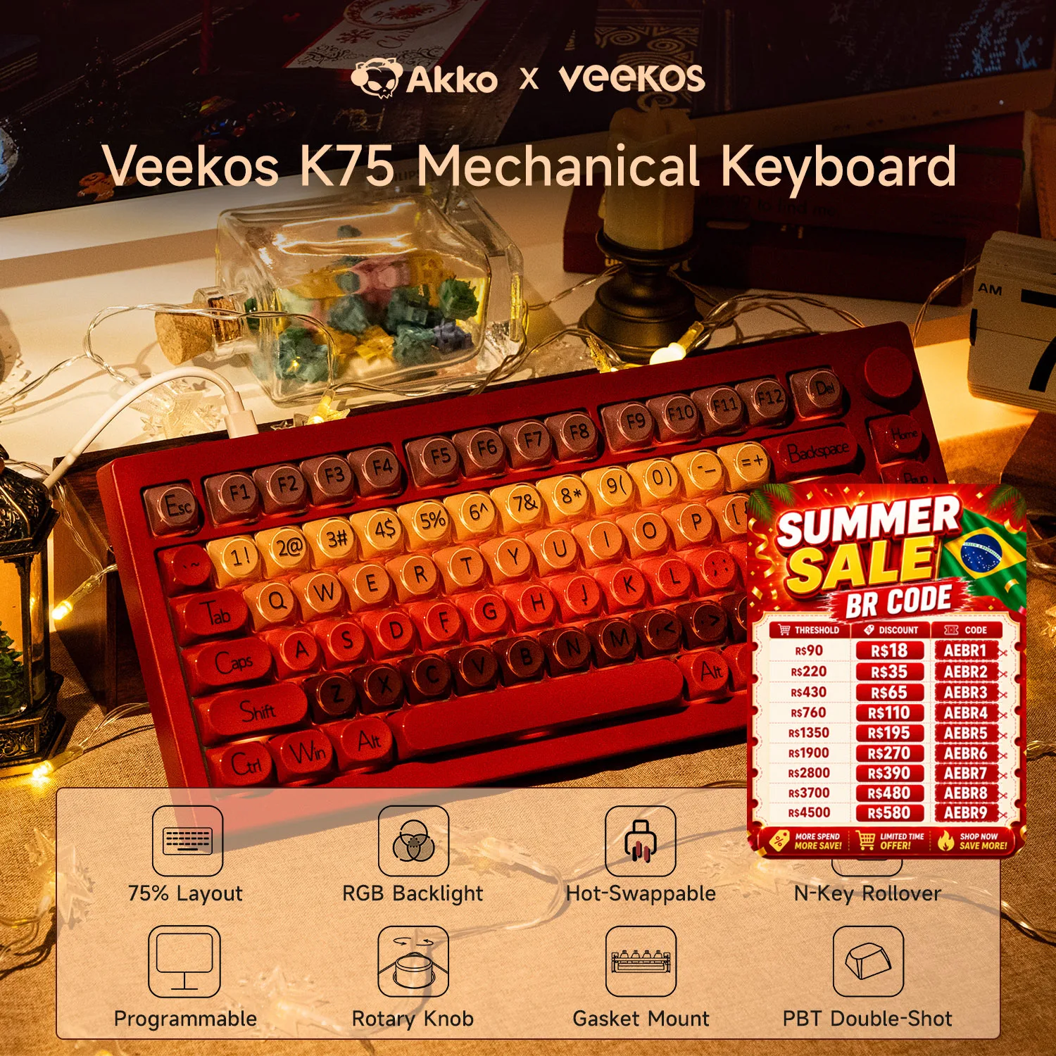 AKKO 5075 X Veekos K75 Gaming Mechanical Keyboard Keyboard 75% RGB 3/5-Pin Hot Swap Wired Customized Keyboard with Knob Gasket
AKKO 5075 X Veekos K75 Gaming Mechanical Keyboard Keyboard 75% RGB 3/5-Pin Hot Swap Wired Customized Keyboard with Knob Gasket