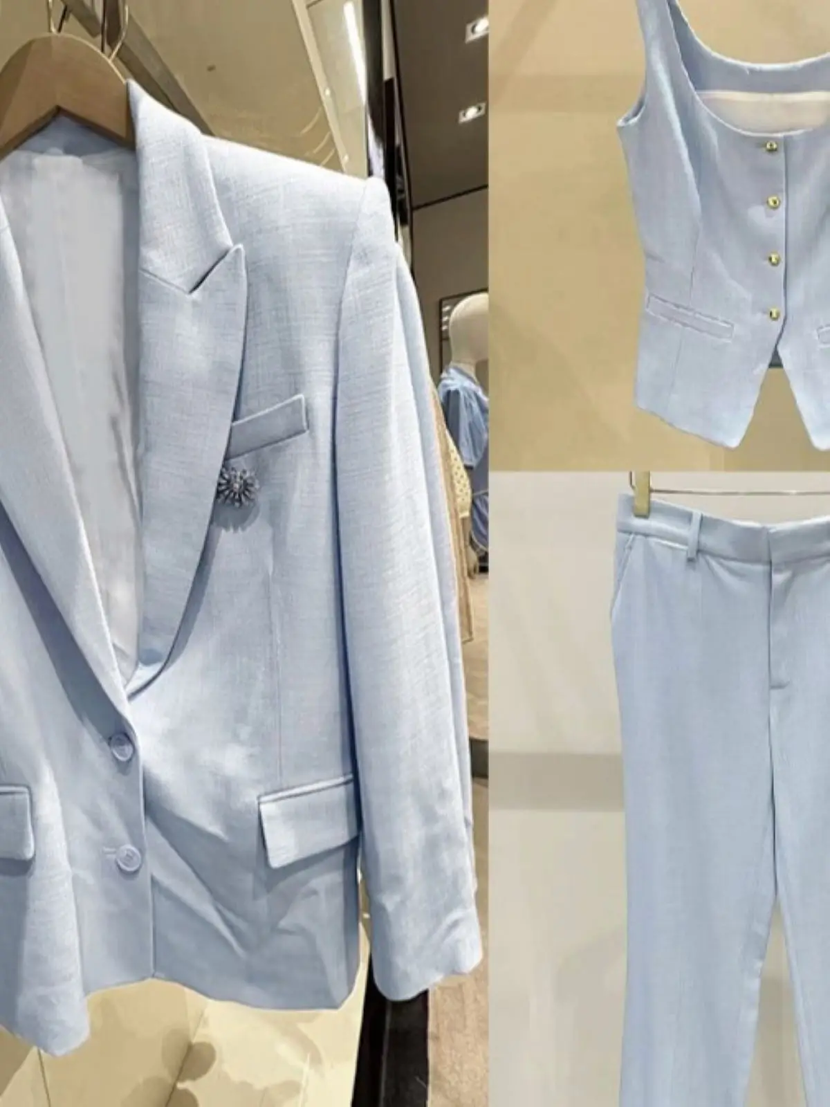 Spring/Summer Women Long Sleeve V-Neck Set Single Breasted Loose Pocket Suit Coat + Sleeveless Vest + Hign Waist Fashion Pants
Spring/Summer Women Long Sleeve V-Neck Set Single Breasted Loose Pocket Suit Coat + Sleeveless Vest + Hign Waist Fashion Pants
