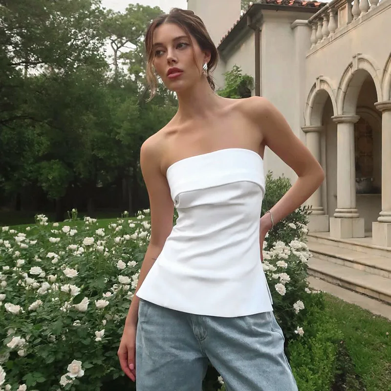 Summer New Solid Color Sleeveless Halter Wide Lapel Slit Tube Top Sexy Top Women's European American Women's Clothing D24TP162
Summer New Solid Color Sleeveless Halter Wide Lapel Slit Tube Top Sexy Top Women's European American Women's Clothing D24TP162