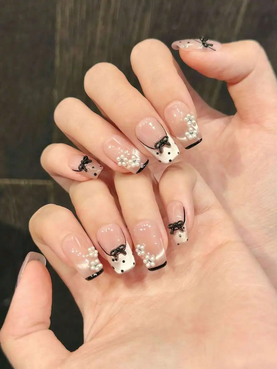 10pcs Ballet Sweetheart Cat Eye Bow Pearl Flower French Polka Dot Handmade Acrylic Press-On Nails, Summer Cute Short Coffin/Long
10pcs Ballet Sweetheart Cat Eye Bow Pearl Flower French Polka Dot Handmade Acrylic Press-On Nails, Summer Cute Short Coffin/Long