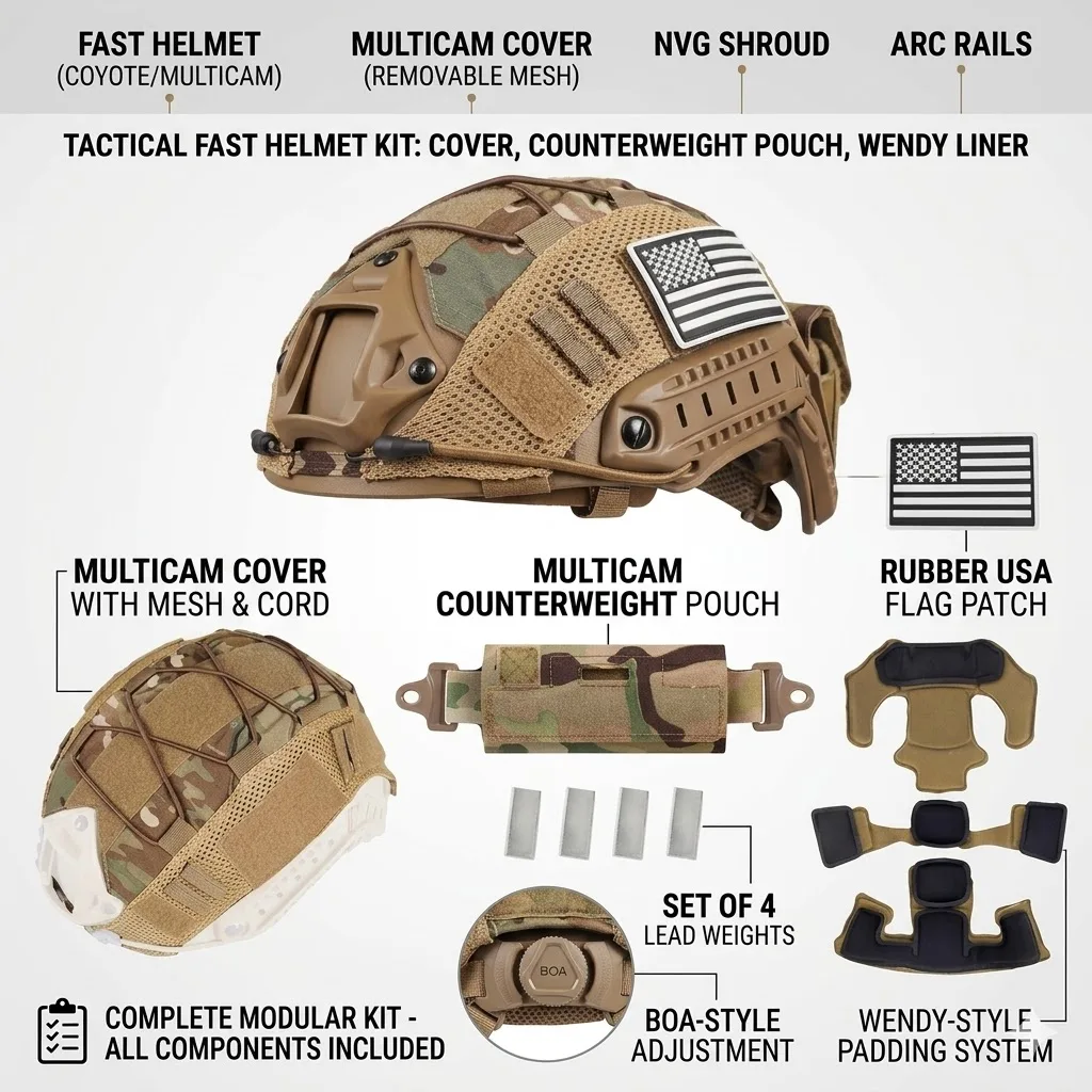 Tactical FAST Helmet Set with Multicam Cover, Counterweight Pouch, Wendy-Style Suspension Liner & Lead Weights, Full Modular Kit
Tactical FAST Helmet Set with Multicam Cover, Counterweight Pouch, Wendy-Style Suspension Liner & Lead Weights, Full Modular Kit