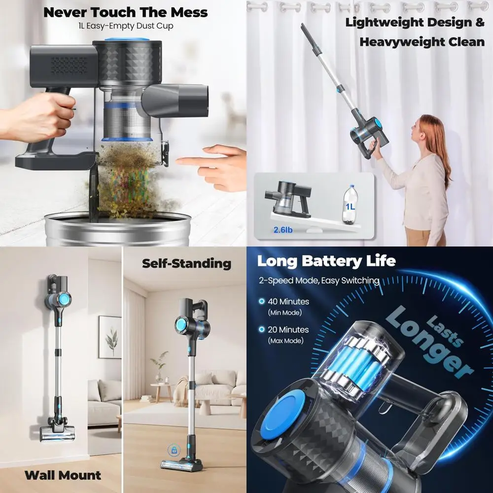 Powerful Lightweight Cordless Stick Vacuum, Self-Standing, Anti-Tangle, 8-in-1 for Home and Pet Hair Removal on Hardwood and Car
Powerful Lightweight Cordless Stick Vacuum, Self-Standing, Anti-Tangle, 8-in-1 for Home and Pet Hair Removal on Hardwood and Car