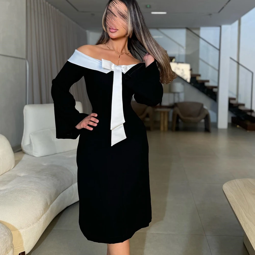 Customized Black Boat Neck With Bow Jersey Evening Dress Full Sleeves Contrast Color Party Gown Straight Knee Length Prom Dress
Customized Black Boat Neck With Bow Jersey Evening Dress Full Sleeves Contrast Color Party Gown Straight Knee Length Prom Dress