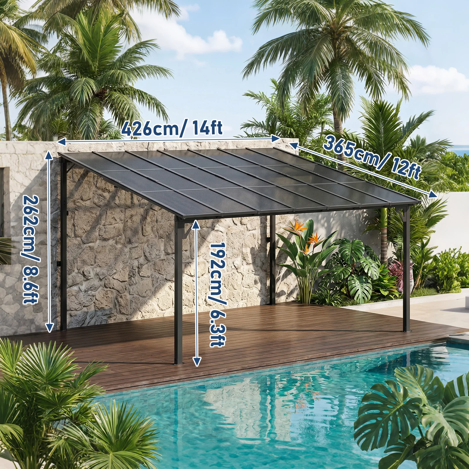14'X12' Gazebo - a Hard-Top Slanted Wall-Mounted Awning with a Canopy, Suitable for All-Weather Sun And Rain Protection in Outdoor Areas Such As Patios, Backyards, And Decks
14'X12' Gazebo - a Hard-Top Slanted Wall-Mounted Awning with a Canopy, Suitable for All-Weather Sun And Rain Protection in Outdoor Areas Such As Patios, Backyards, And Decks