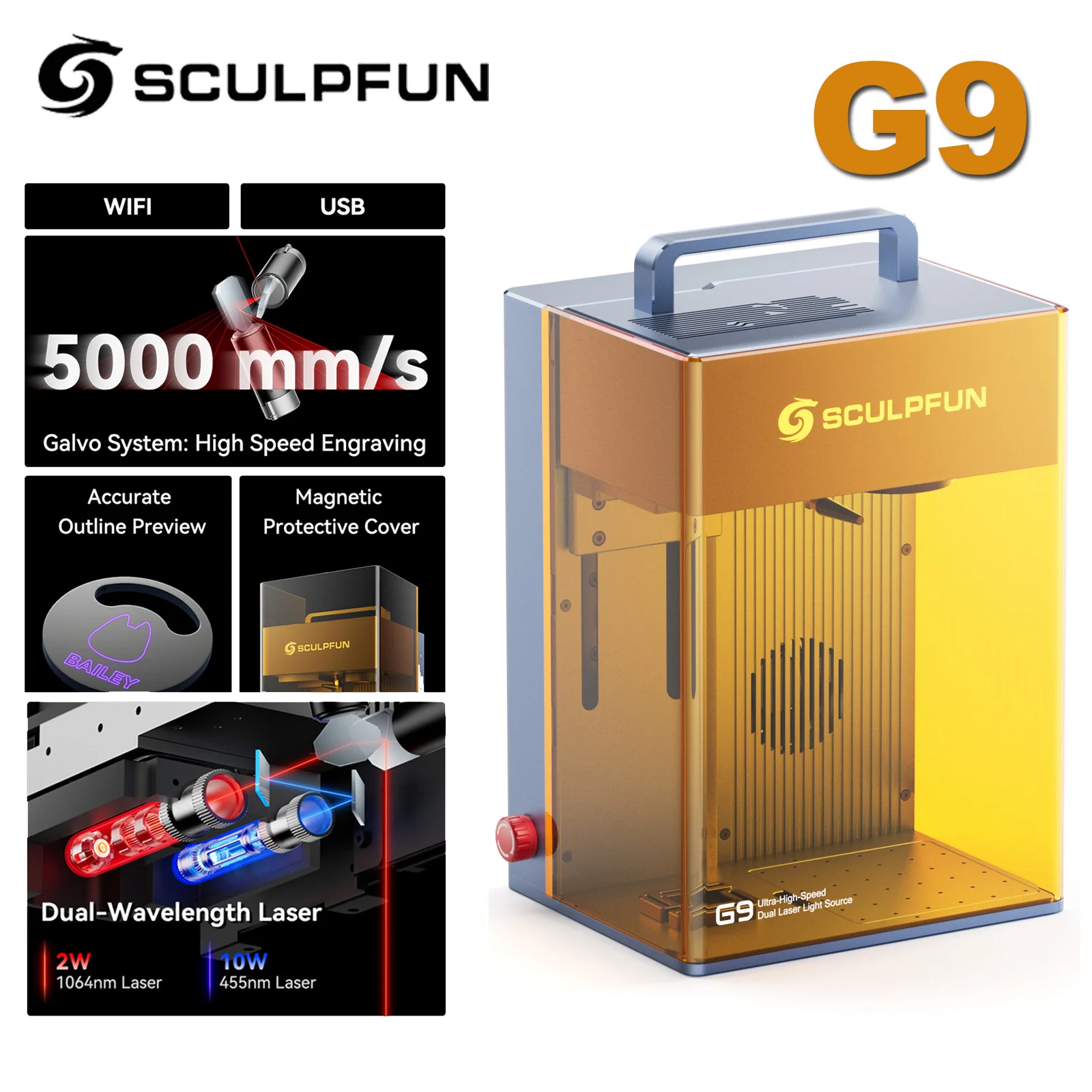 SCULPFUN G9 Dual laser engraving machine 2W Infrared+10W Diode Blue Industrial grade ultra high speed laser engraving
SCULPFUN G9 Dual laser engraving machine 2W Infrared+10W Diode Blue Industrial grade ultra high speed laser engraving