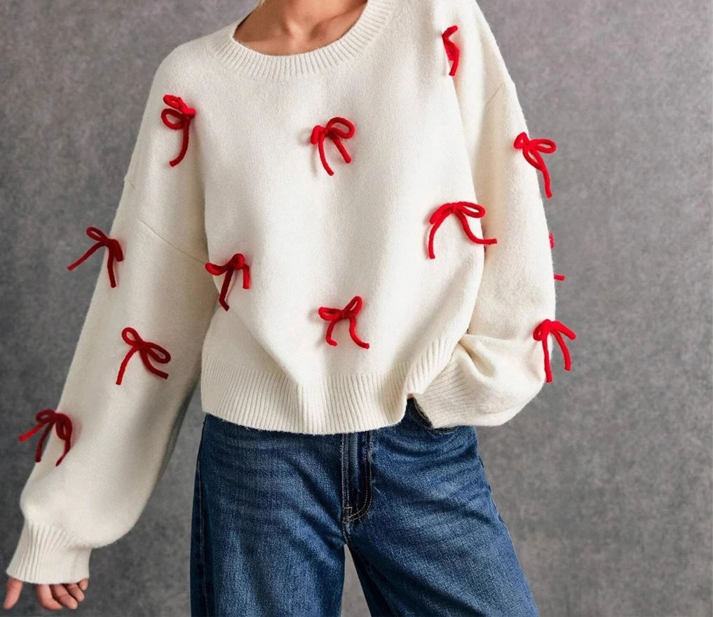 European and American 2025 Red Bow Decorated Loose Round-neck Pullover Sweater Autumn Top Sweaters Sweater Women
European and American 2025 Red Bow Decorated Loose Round-neck Pullover Sweater Autumn Top Sweaters Sweater Women