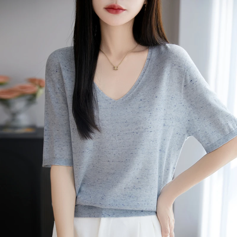 Thin Worsted Wool Knitted Short-Sleeved T-Shirt Spring/Summer Women' V-Neck Seamless Vest Colored Dots Half Sleeves Loose Blouse
Thin Worsted Wool Knitted Short-Sleeved T-Shirt Spring/Summer Women' V-Neck Seamless Vest Colored Dots Half Sleeves Loose Blouse