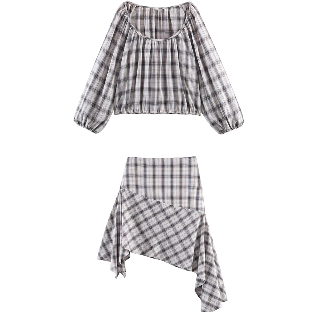 European and American style women's new 2026 fashion grid elastic long sleeved shirt and skirt set
European and American style women's new 2026 fashion grid elastic long sleeved shirt and skirt set