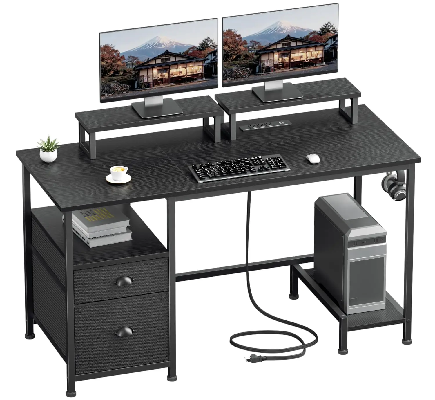 47" Desk With File Cabinet Outlets 2 Monitor Stands Drawer Shelves Hooks Office Gaming, Customized
47" Desk With File Cabinet Outlets 2 Monitor Stands Drawer Shelves Hooks Office Gaming, Customized