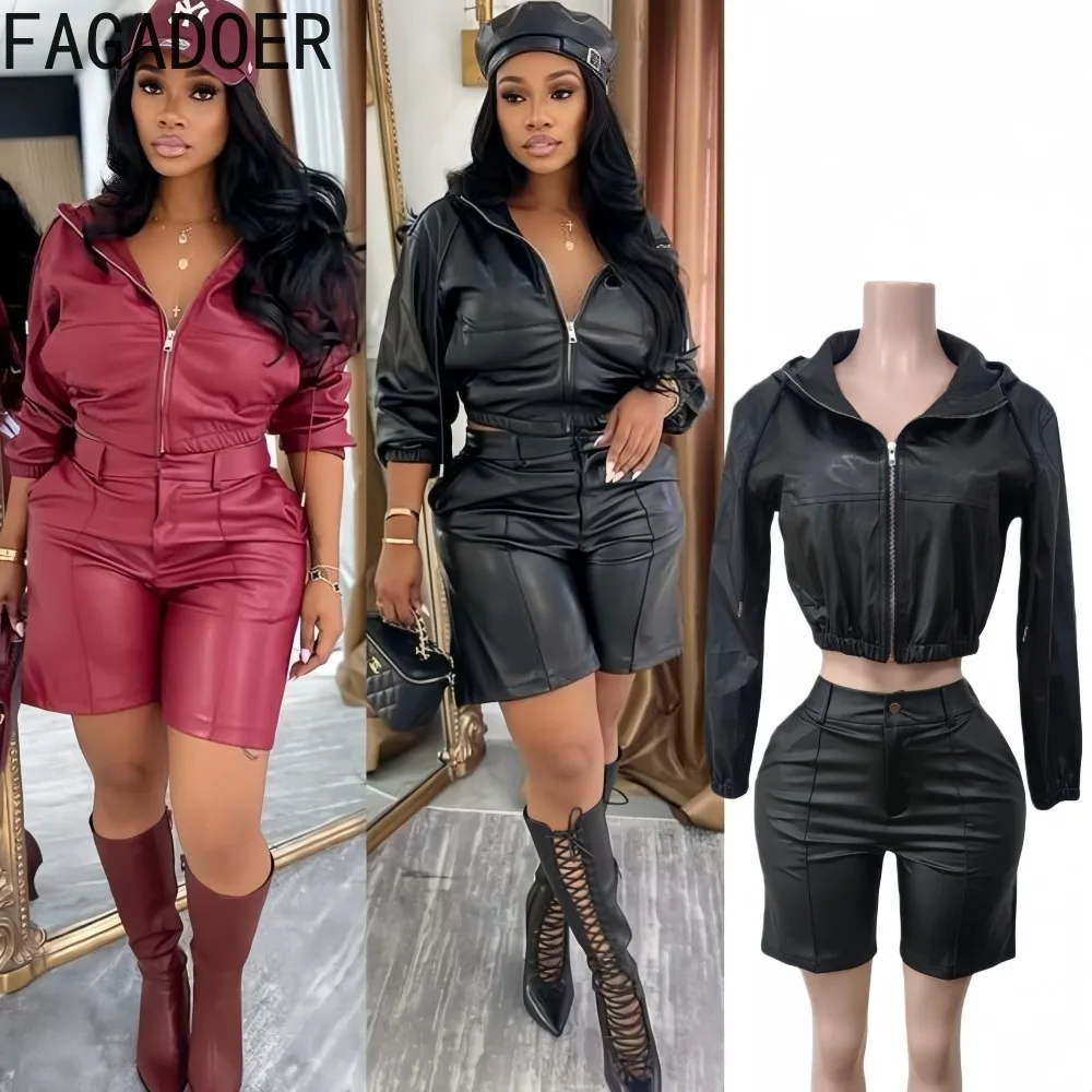 FAGADOER Sexy Leather Patchwork 2 Pieces Set for Woman Outfit Solid Long Sleeves Hooded Crop Top + Shorts Female Streetwear New
FAGADOER Sexy Leather Patchwork 2 Pieces Set for Woman Outfit Solid Long Sleeves Hooded Crop Top + Shorts Female Streetwear New
