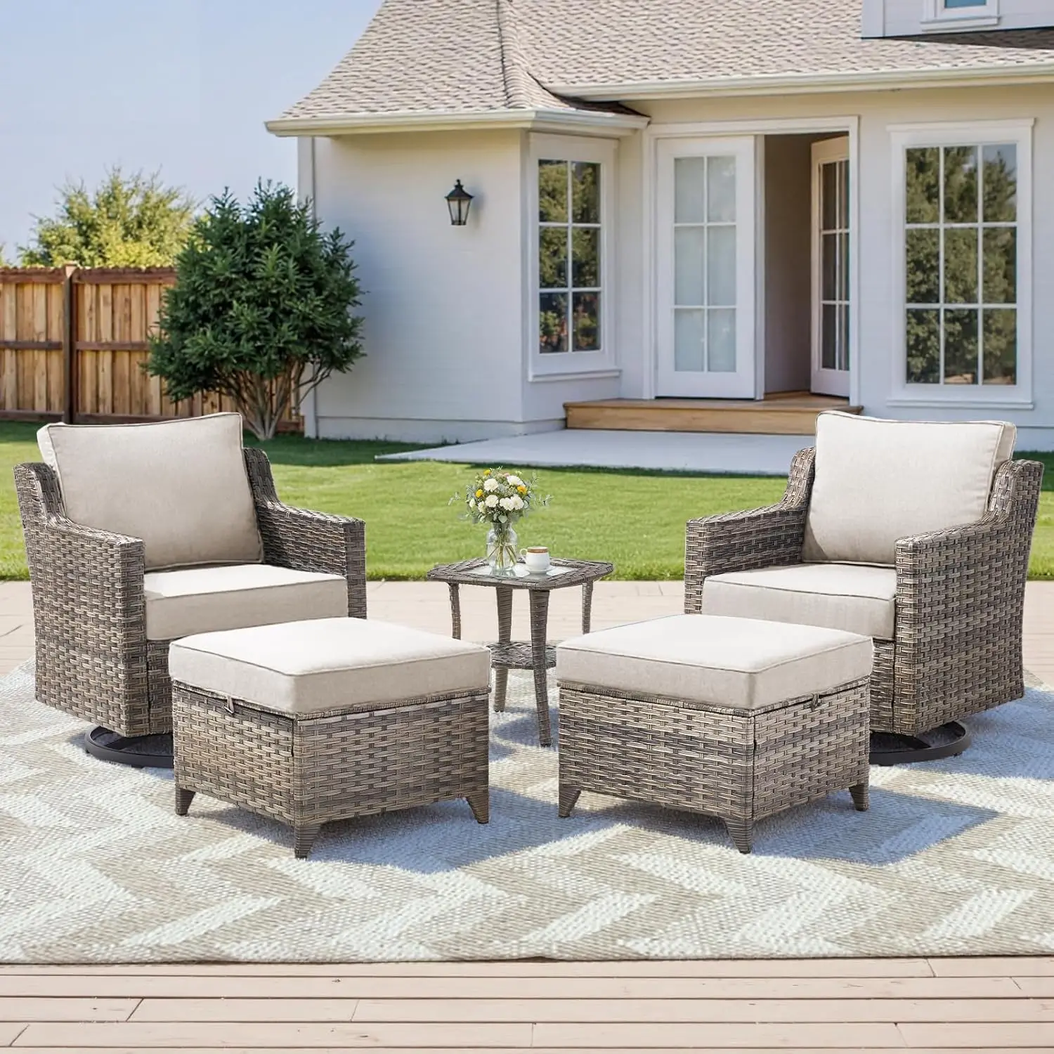 5pc Wicker Patio Swivel Glider Chairs Ottoman Glass Table Outdoor Set Porch Balcony, Customized
5pc Wicker Patio Swivel Glider Chairs Ottoman Glass Table Outdoor Set Porch Balcony, Customized