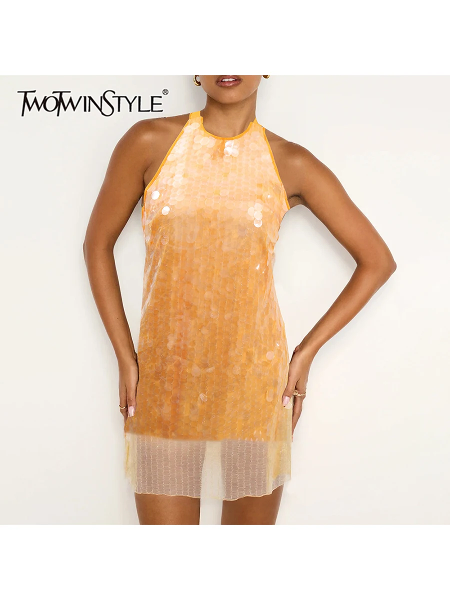 TWOTWINSTYLE Hit Color Spliced Sequines Slimming Mini Dresses For Women O Neck Sleeveless High Waist Temperament Dress Female
TWOTWINSTYLE Hit Color Spliced Sequines Slimming Mini Dresses For Women O Neck Sleeveless High Waist Temperament Dress Female