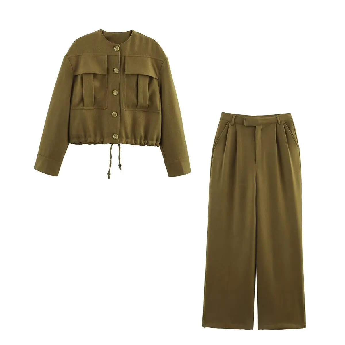 Casual Solid Women Two Piece Pants Suits O-neck Single Breasted Drawstring Coat Pleate Wide Leg Pants
Casual Solid Women Two Piece Pants Suits O-neck Single Breasted Drawstring Coat Pleate Wide Leg Pants