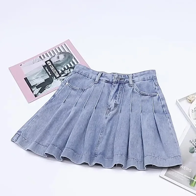 Retro Summer Blue Denim Holidays Pleated Mini Skirt Women's Thin Cake Washing Water High Waist Summer Short Skirt Large Size
Retro Summer Blue Denim Holidays Pleated Mini Skirt Women's Thin Cake Washing Water High Waist Summer Short Skirt Large Size