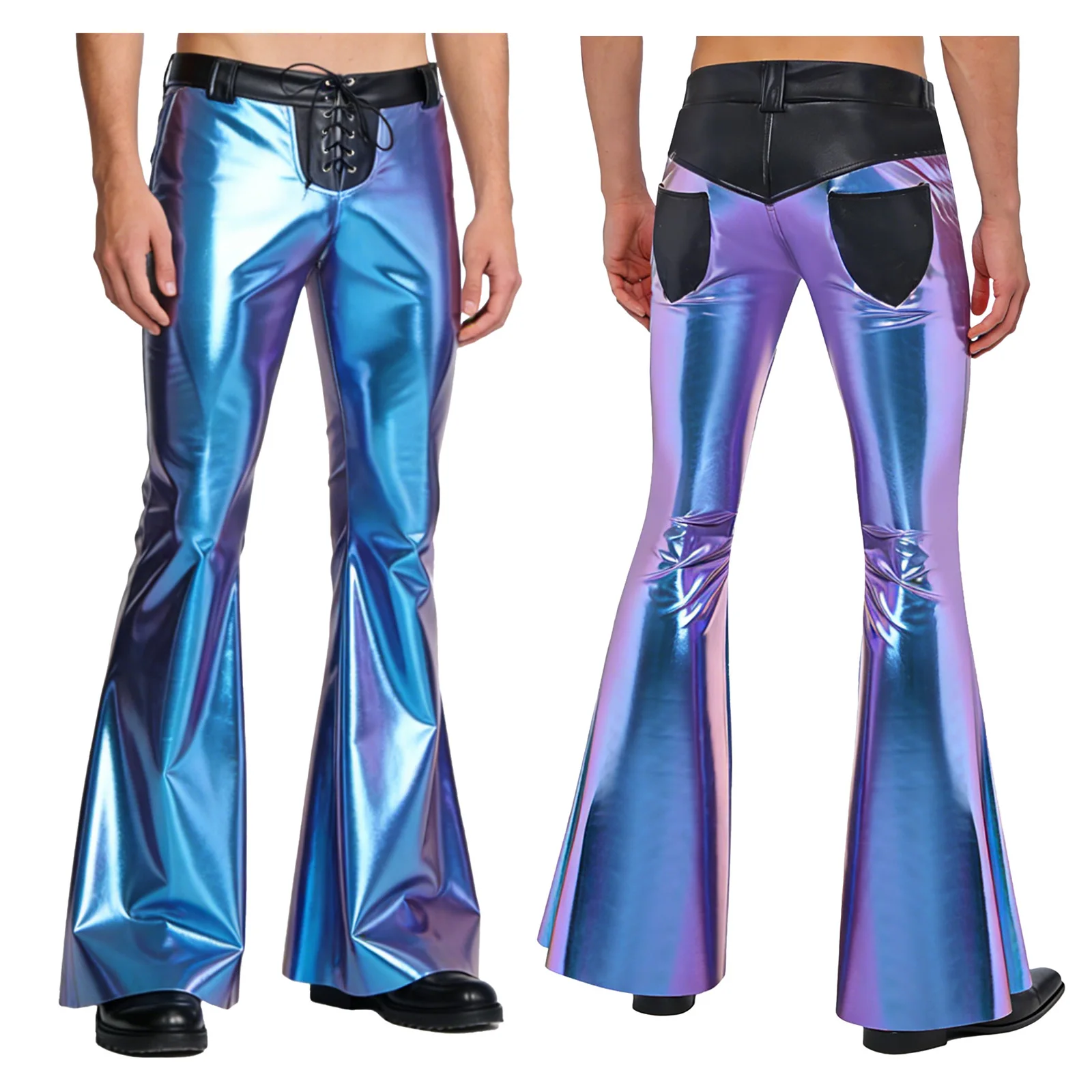 Mens Metallic Shiny Disco Flared Pants Lacing Waist Bell Bottom Long Pants Clubwear Vintage Cowboy Party Trousers Streetwear
Mens Metallic Shiny Disco Flared Pants Lacing Waist Bell Bottom Long Pants Clubwear Vintage Cowboy Party Trousers Streetwear