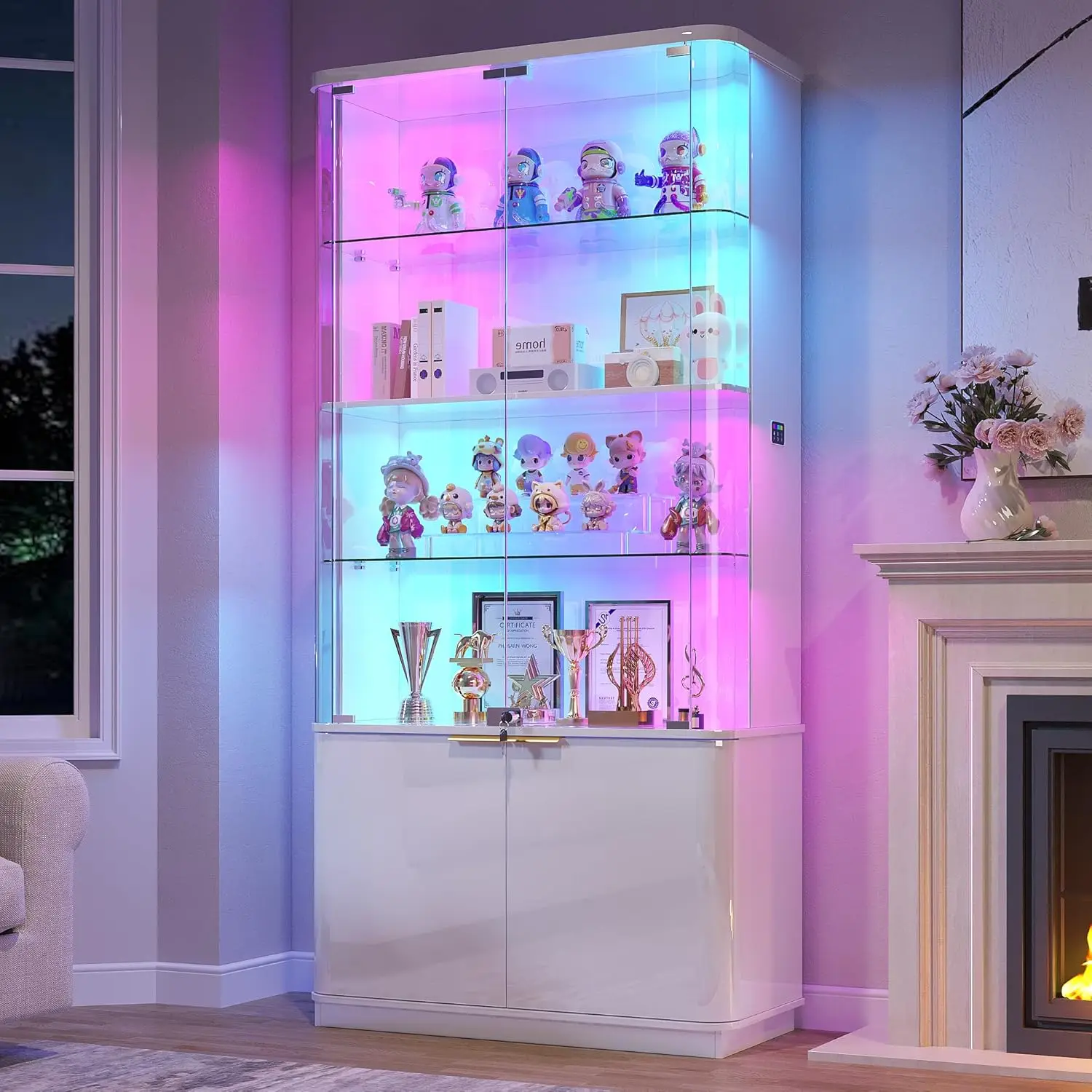 71" Tall RGB Display Cabinet with Glass Door, 4-Tier Rounded Curio Cabinet with Adjustable Shelves for, Customized
71" Tall RGB Display Cabinet with Glass Door, 4-Tier Rounded Curio Cabinet with Adjustable Shelves for, Customized