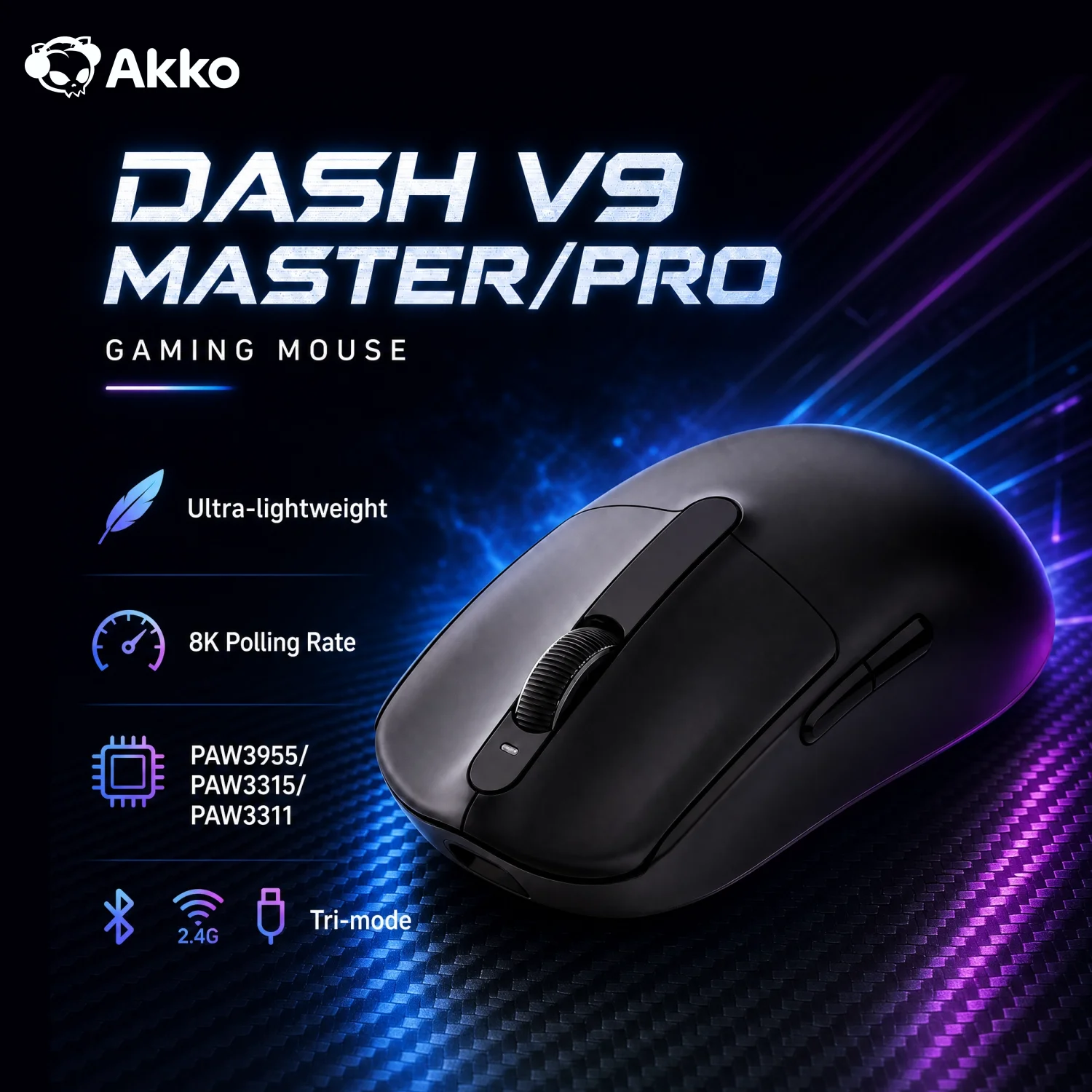 Akko Dash V9 Master/Pro Mouse PAW3955 / PAW3315 / PAW3311 Sensor 40g±3g Ultralight Ergonomic 8K Wireless E-sports Gaming Mouse
Akko Dash V9 Master/Pro Mouse PAW3955 / PAW3315 / PAW3311 Sensor 40g±3g Ultralight Ergonomic 8K Wireless E-sports Gaming Mouse