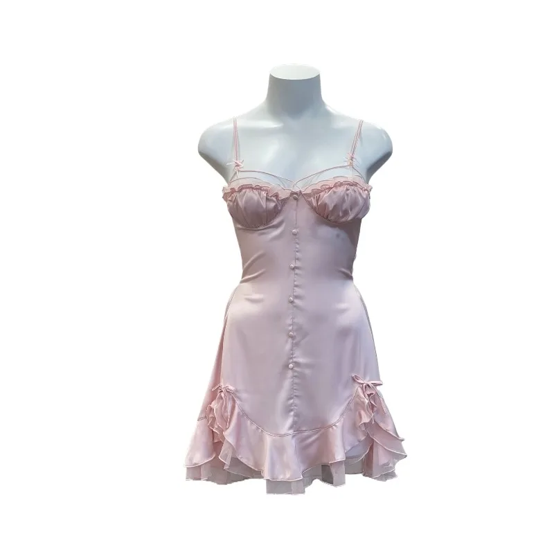 French Lolita Girl Sleepwear Ice Silk Sexy Nightdress with Chest Pad High Quality Suspender Night Gown for Women Camisolas
French Lolita Girl Sleepwear Ice Silk Sexy Nightdress with Chest Pad High Quality Suspender Night Gown for Women Camisolas