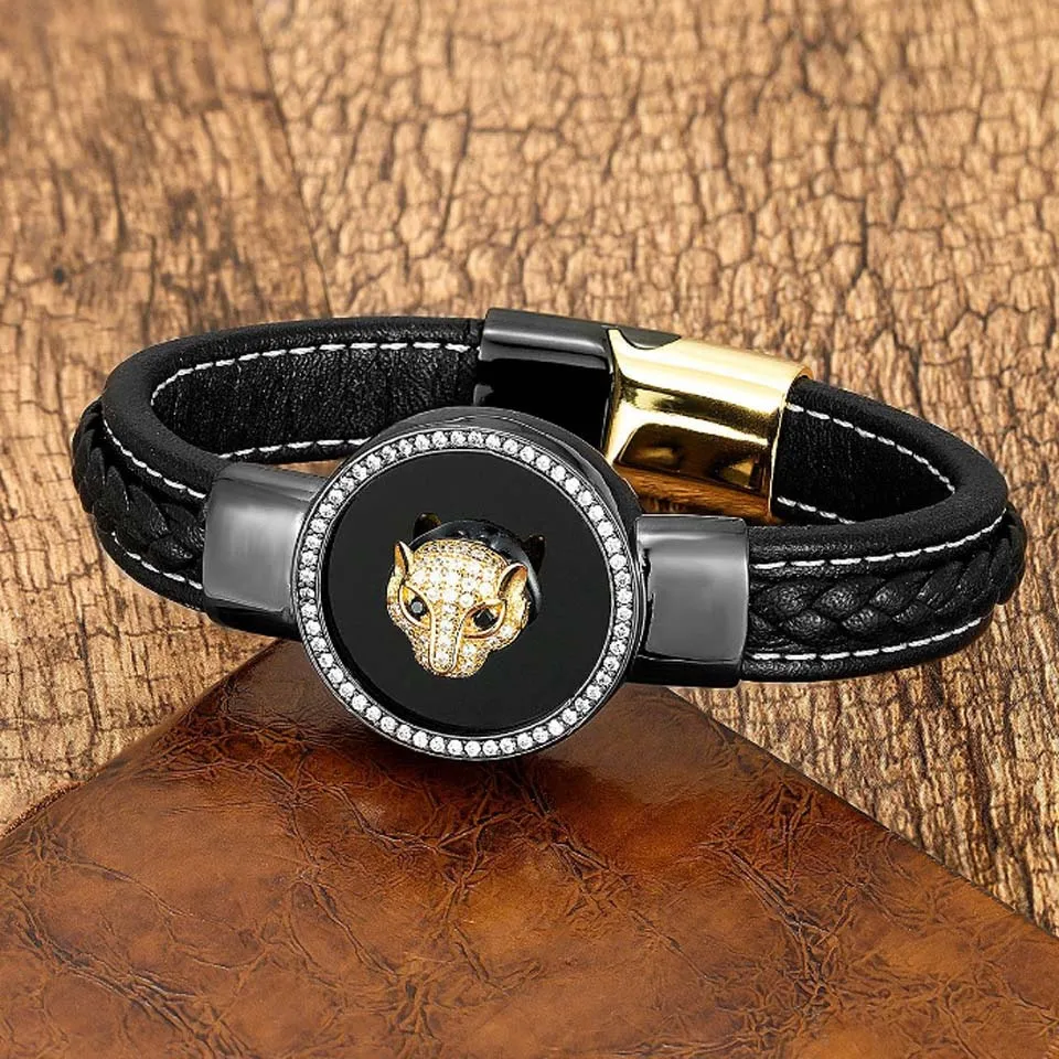 Zlxgirl New Men's Retro Leather Leopard Animal Bracelet Round Zircon Stone Stainless Steel Gift For Man's Fashion Gold Bracelets
Zlxgirl New Men's Retro Leather Leopard Animal Bracelet Round Zircon Stone Stainless Steel Gift For Man's Fashion Gold Bracelets