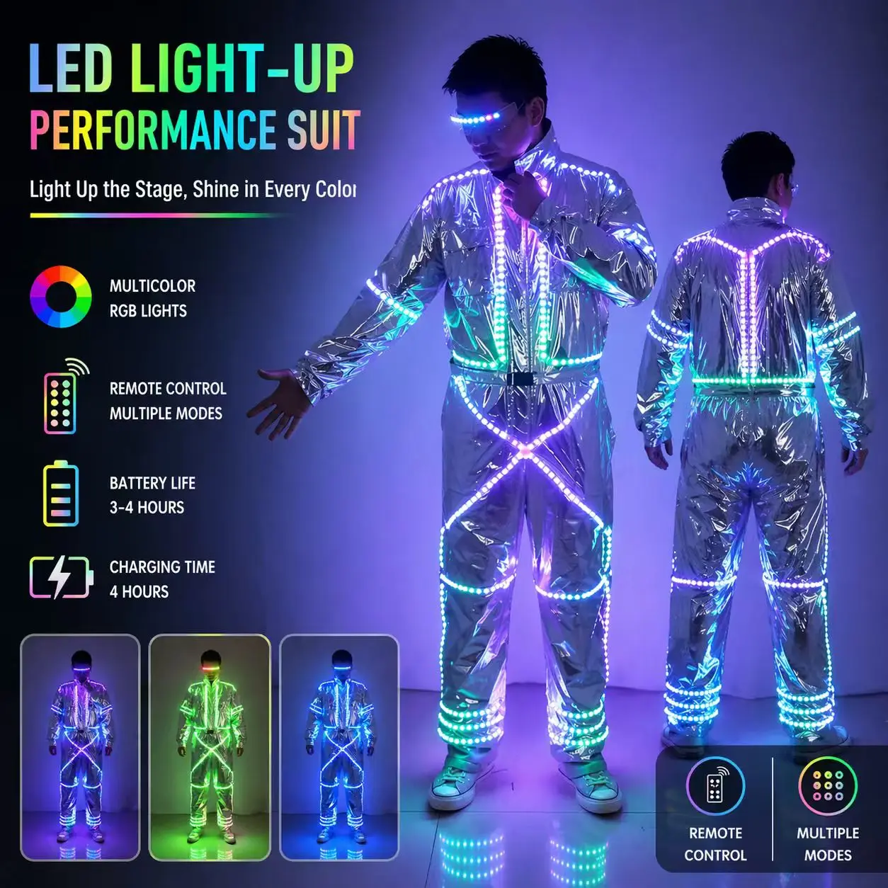 Unisex Adult LED Robot Suit Silver Mirror Jumpsuit Luminous Performance Costume with Light Up Glasses for Rave Show Party
Unisex Adult LED Robot Suit Silver Mirror Jumpsuit Luminous Performance Costume with Light Up Glasses for Rave Show Party