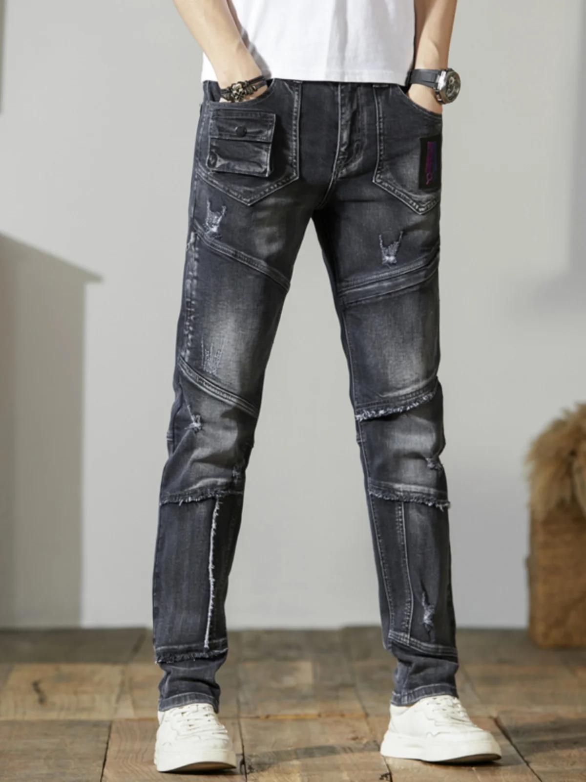 Trendy Biker Style Men's Jeans with Frayed Edges Elastic Slim Fit Long Pants Cotton Stretch Denim Youthful Casual Wear
Trendy Biker Style Men's Jeans with Frayed Edges Elastic Slim Fit Long Pants Cotton Stretch Denim Youthful Casual Wear