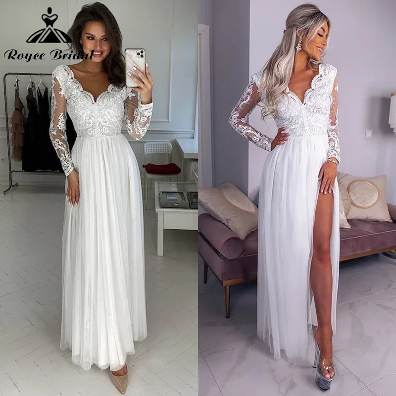 Roycebridal Boho V Neck Lace Appliques Tulle A Line Beach Wedding Dresses Long Sleeve Sexy Slit Floor Length Vestidos Customized
Roycebridal Boho V Neck Lace Appliques Tulle A Line Beach Wedding Dresses Long Sleeve Sexy Slit Floor Length Vestidos Customized