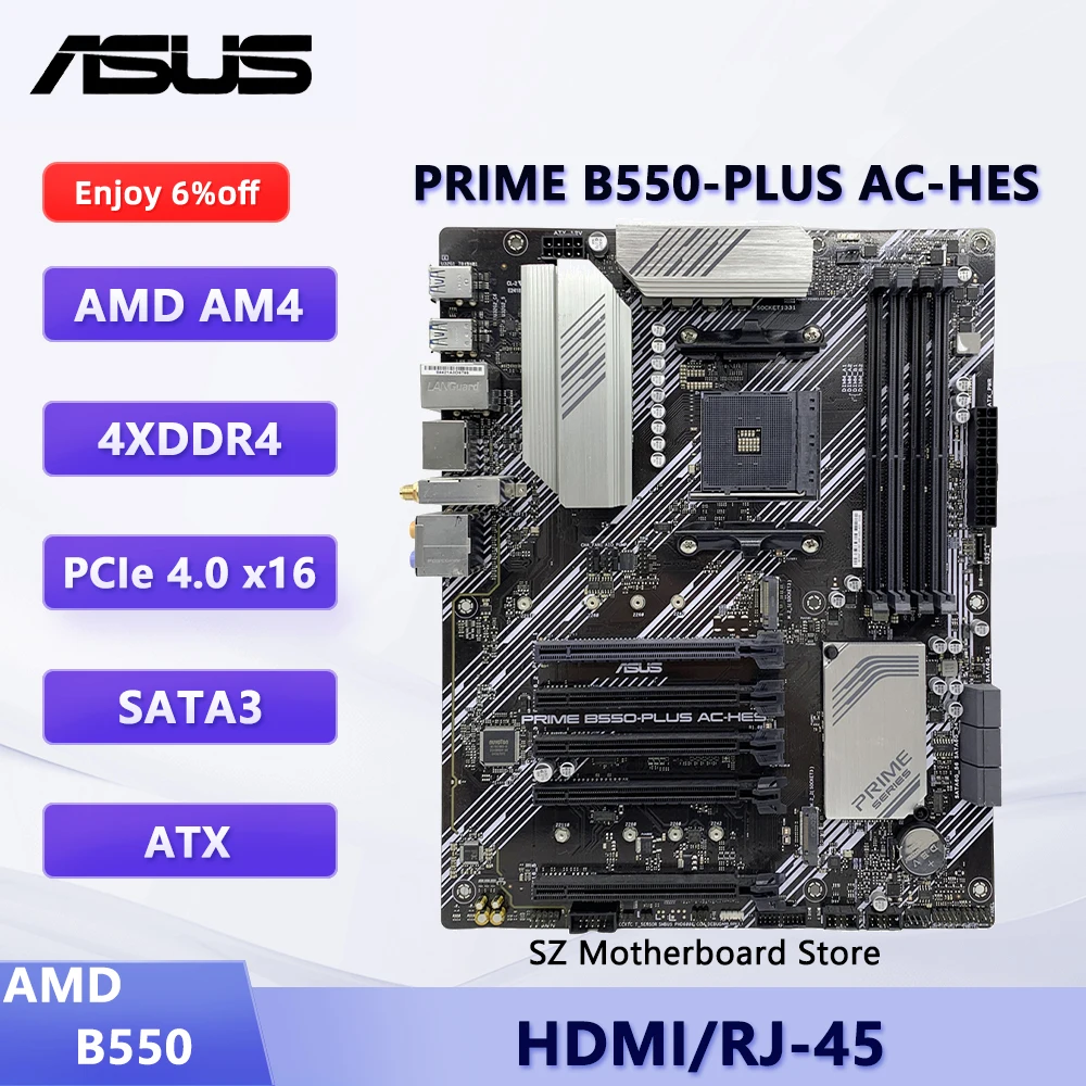 ASUS PRIME B550-PLUS AC-HES AMD B550 AM4 Motherboard For Ryzen 5/7/9 5600X 5800X 5900X CPU DDR4 HDMI M.2 ATX Gaming Mainboard
ASUS PRIME B550-PLUS AC-HES AMD B550 AM4 Motherboard For Ryzen 5/7/9 5600X 5800X 5900X CPU DDR4 HDMI M.2 ATX Gaming Mainboard