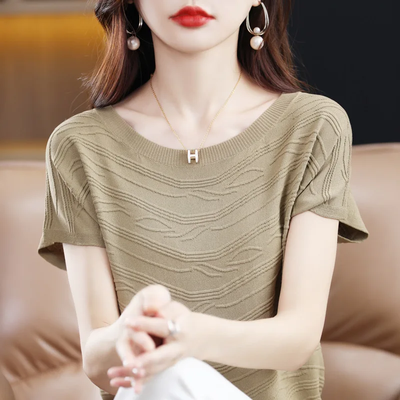 Women's Knit Short Sleeve Top With Wave Texture Elegant Office Wear Classic Style Regular Fit Round Neck Summer Casual T-
Women's Knit Short Sleeve Top With Wave Texture Elegant Office Wear Classic Style Regular Fit Round Neck Summer Casual T-