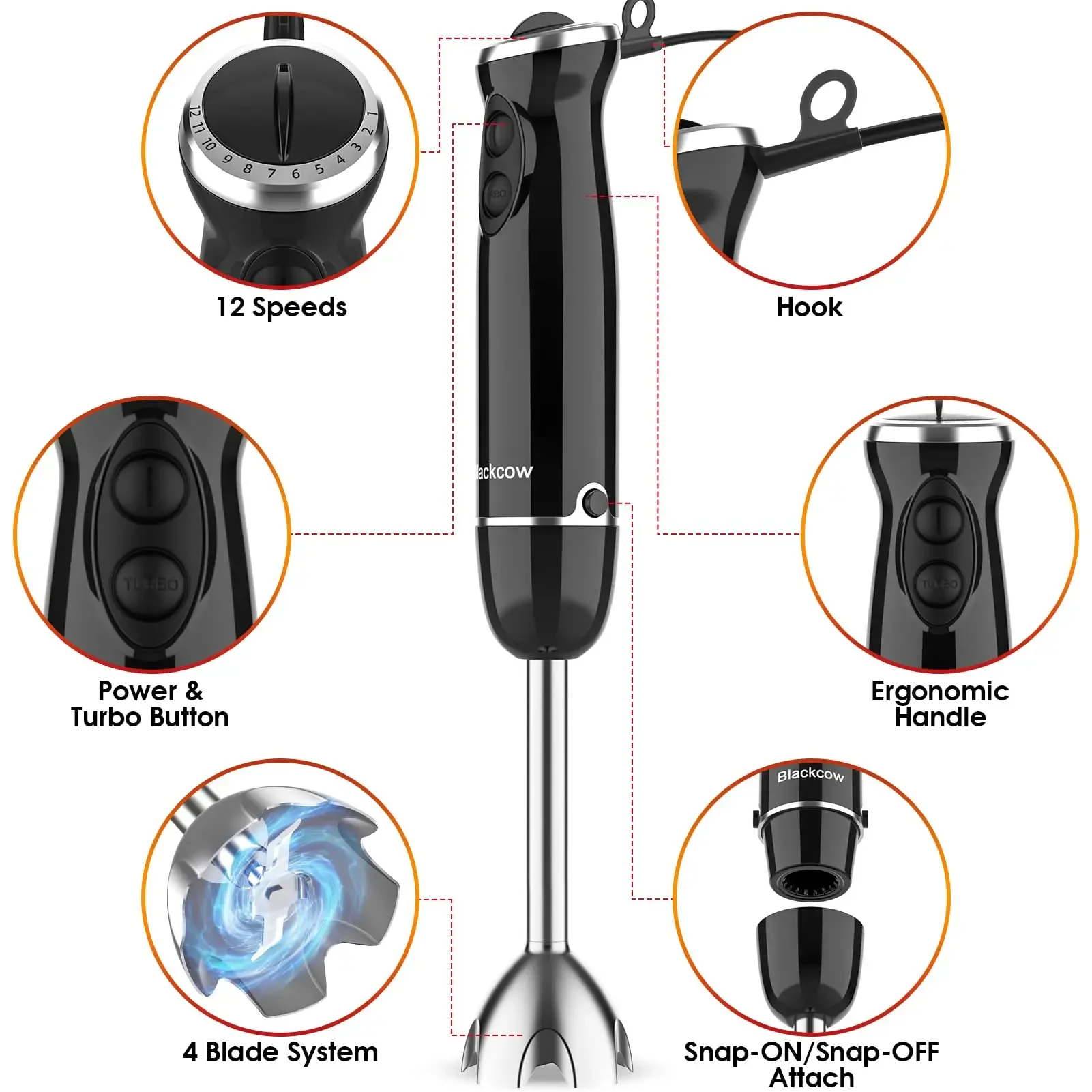 BlackCow Immersion Hand Blender Corded Hand Blenders Set 500W,12 Speed 5 in 1 Stick Emulsifier with Chopper,Whisk and Frother
BlackCow Immersion Hand Blender Corded Hand Blenders Set 500W,12 Speed 5 in 1 Stick Emulsifier with Chopper,Whisk and Frother