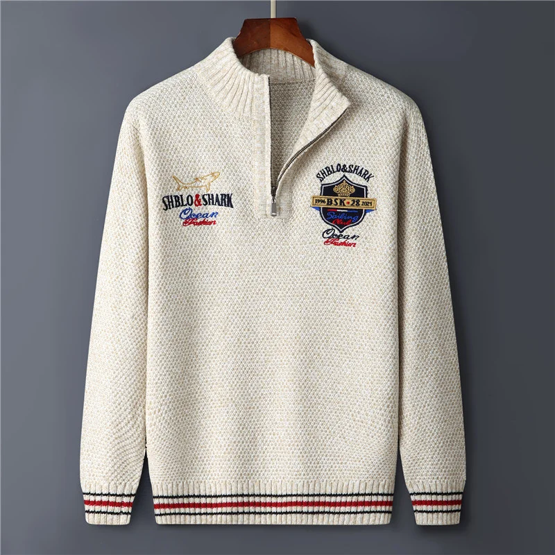 Half Zipper Shark Male Pullover Knitted Cotton Wool Men Sweater Clothes Letter Vintage Red Black Knit Coat Jackets
Half Zipper Shark Male Pullover Knitted Cotton Wool Men Sweater Clothes Letter Vintage Red Black Knit Coat Jackets