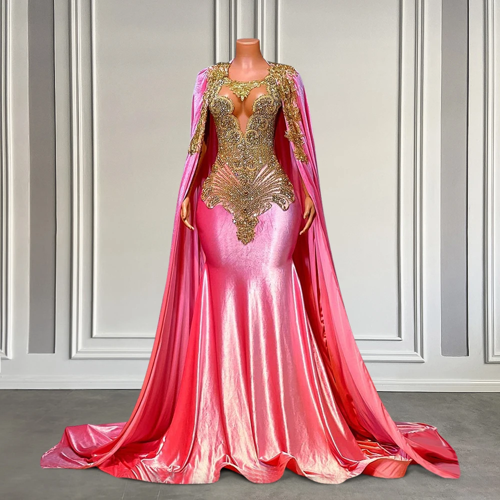 Luxury Crystal Long Pink Prom Dresses with Cape 2025 Gold Rhinestone Beading African Black Girls Birthday Party Dress Customized
Luxury Crystal Long Pink Prom Dresses with Cape 2025 Gold Rhinestone Beading African Black Girls Birthday Party Dress Customized