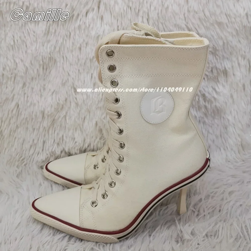 Retro Canvas Front Lace Up Sports High Heel Boots 2025 Mixed Color Mid Calf Casual Boots Pointed Toe Inner Zipper Modren Boots
Retro Canvas Front Lace Up Sports High Heel Boots 2025 Mixed Color Mid Calf Casual Boots Pointed Toe Inner Zipper Modren Boots