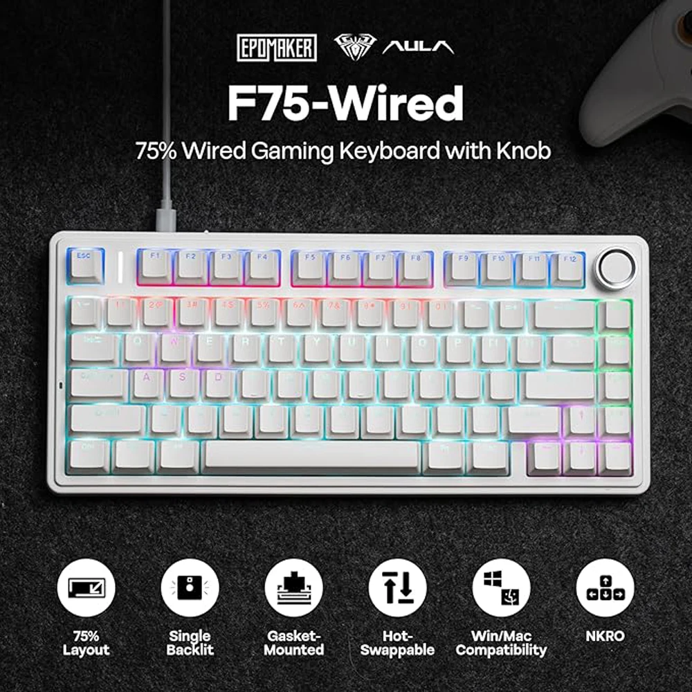 Aula F75 Wired Gaming Keyboard 75% RGB Backlight ABS Keycap Gasket Structure Hot Swappable Office Mechanical Keyboards With Knob
Aula F75 Wired Gaming Keyboard 75% RGB Backlight ABS Keycap Gasket Structure Hot Swappable Office Mechanical Keyboards With Knob