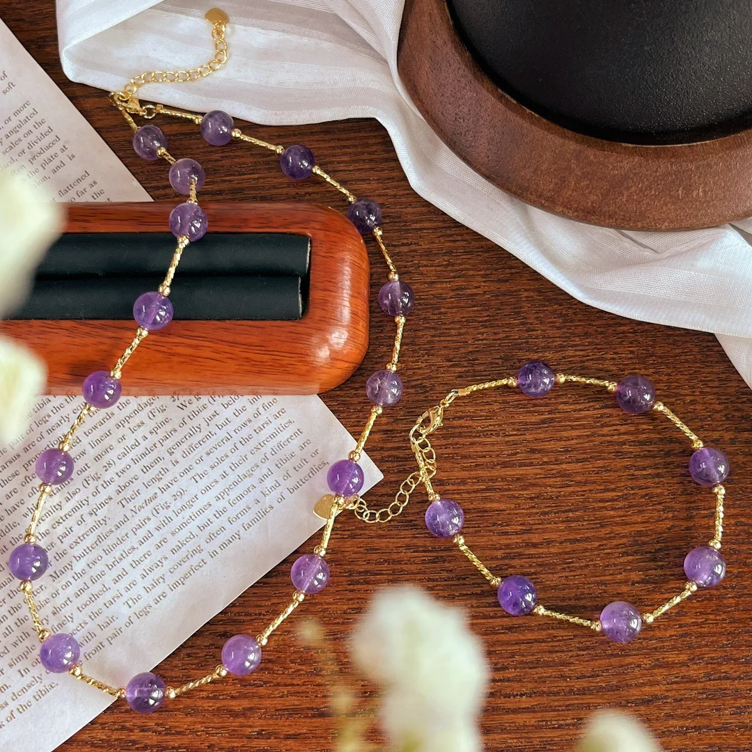 Natural Purple Crystal Necklace Bracelet Set for Women Romantic Lavender Color Choker Sky Stars Lock Chain Stone Beads Jewelry
Natural Purple Crystal Necklace Bracelet Set for Women Romantic Lavender Color Choker Sky Stars Lock Chain Stone Beads Jewelry