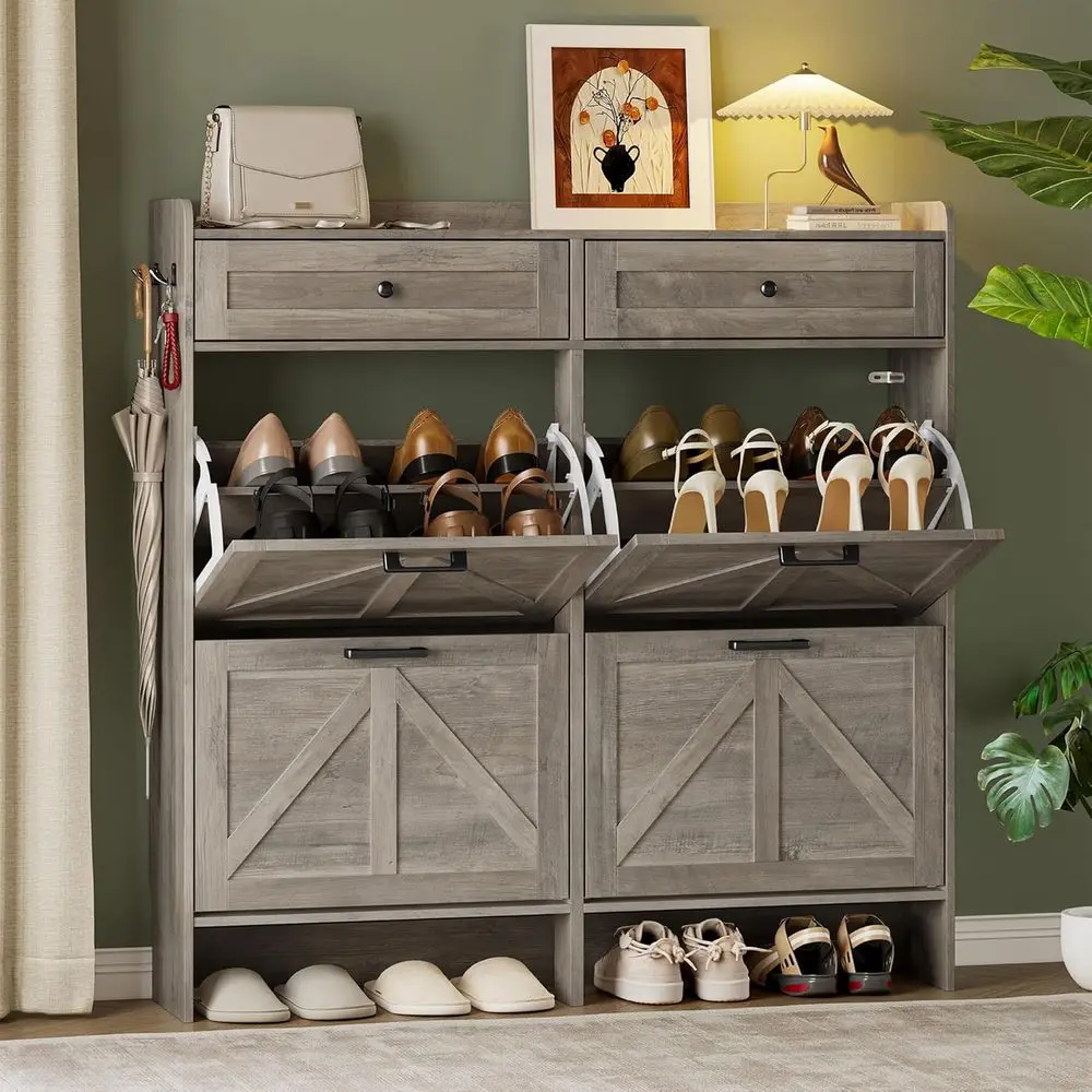 Wide Shoe Storage Cabinet with 4 Drawers, 2 Doors, Adjustable Shelves, Hooks, and Anti-Tip Kit for Entryway or Hallway
Wide Shoe Storage Cabinet with 4 Drawers, 2 Doors, Adjustable Shelves, Hooks, and Anti-Tip Kit for Entryway or Hallway